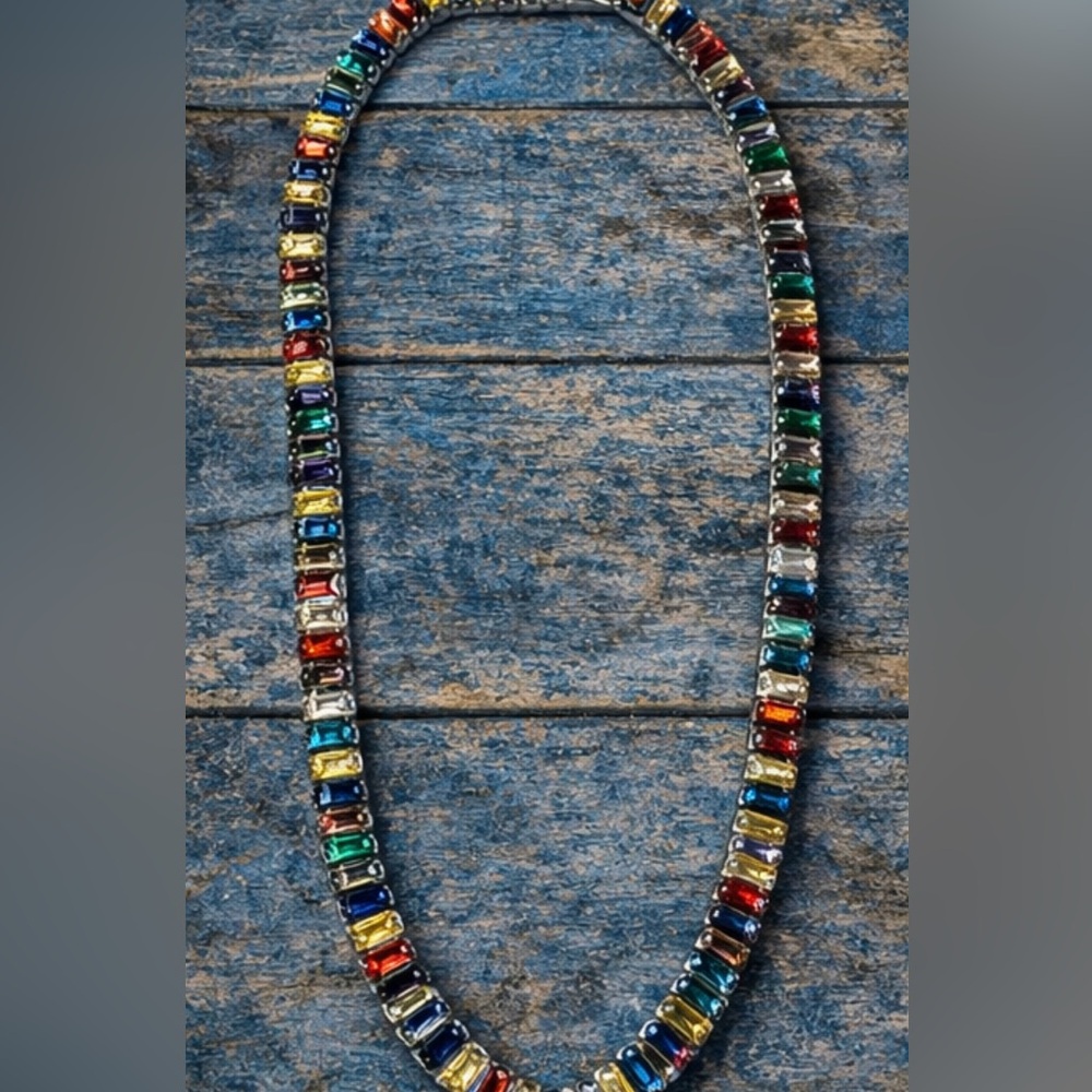 18” Multicolor Baguette Tennis Necklace | Stainless Steel Rainbow Crystal Chain